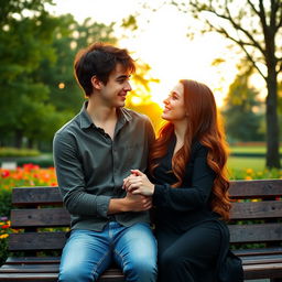 A serene and romantic scene depicting two lovers, a handsome man with tousled dark hair and captivating green eyes, and a beautiful woman with long wavy chestnut hair and sparkling blue eyes