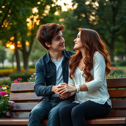 A serene and romantic scene depicting two lovers, a handsome man with tousled dark hair and captivating green eyes, and a beautiful woman with long wavy chestnut hair and sparkling blue eyes