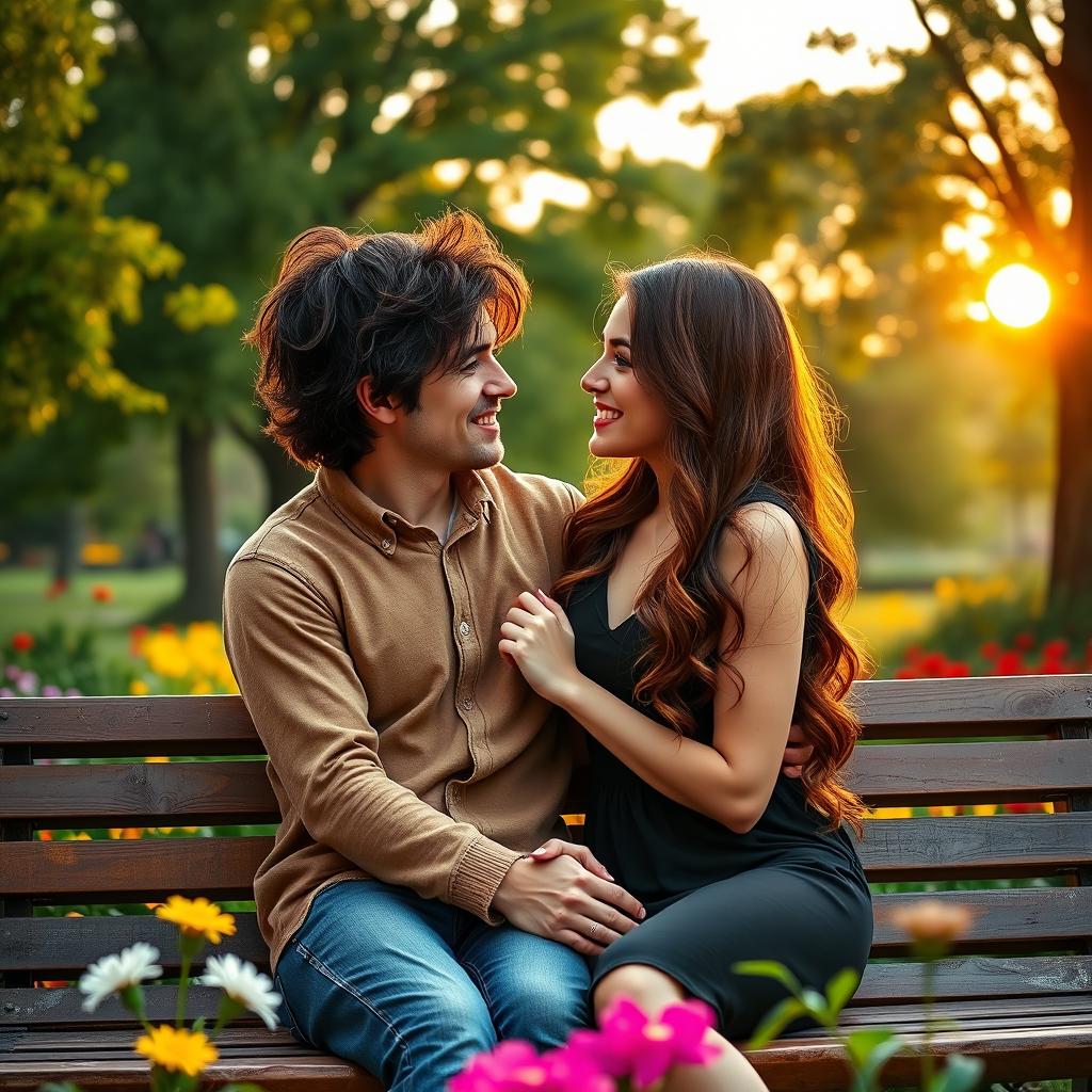 A serene and romantic scene depicting two lovers, a handsome man with tousled dark hair and captivating green eyes, and a beautiful woman with long wavy chestnut hair and sparkling blue eyes
