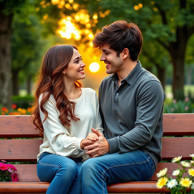 A serene and romantic scene depicting two lovers, a handsome man with tousled dark hair and captivating green eyes, and a beautiful woman with long wavy chestnut hair and sparkling blue eyes