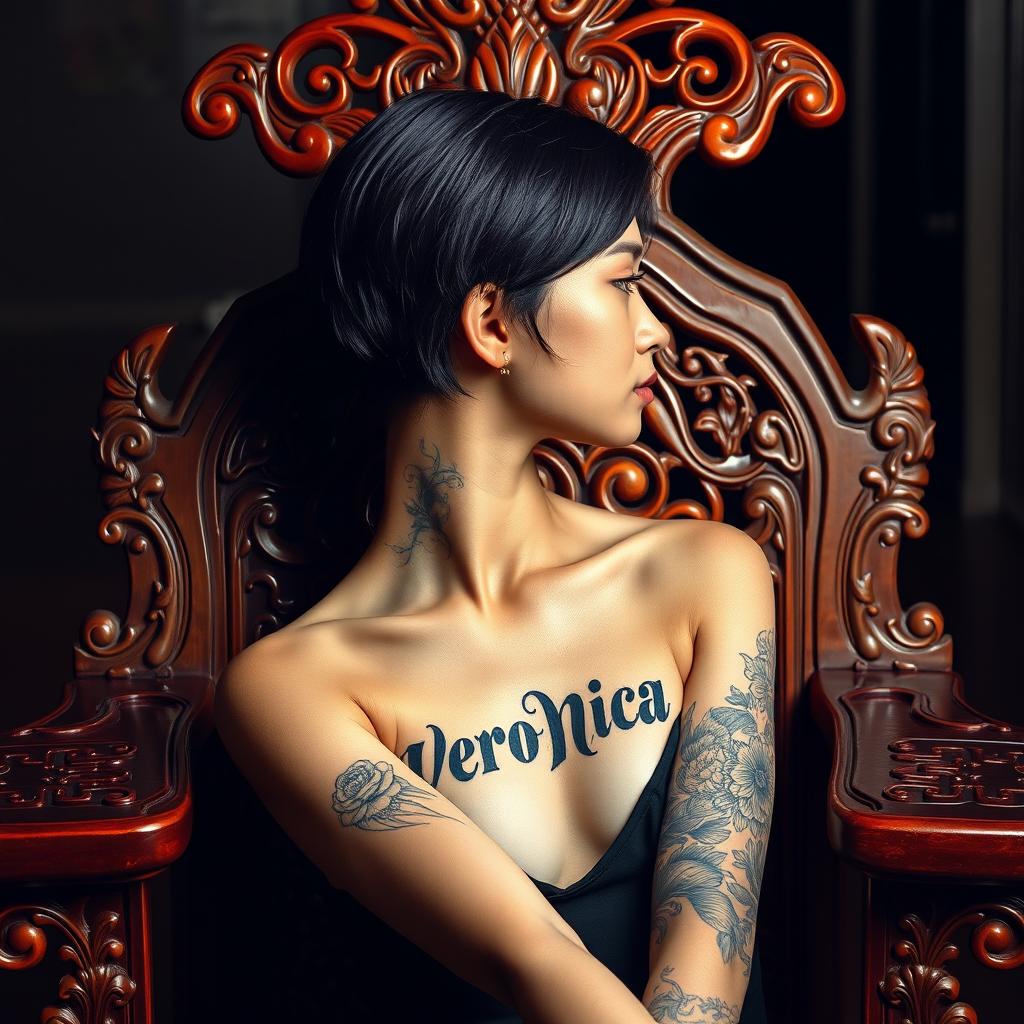 A full-body image of a 20-year-old Thai girl sitting elegantly on a beautifully carved wooden chair