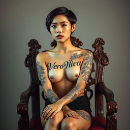 A full-body image of a 20-year-old Thai girl sitting elegantly on a beautifully carved wooden chair