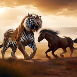 A majestic tiger and a gallant horse locked in an intense battle amidst a sprawling savannah