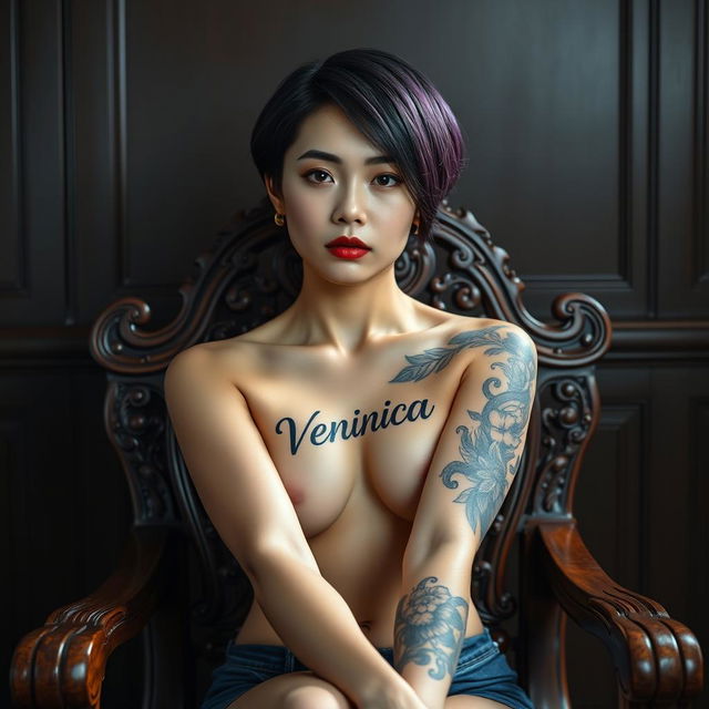 A full body image of a 20-year-old Taiwanese girl sitting gracefully on a beautifully carved wooden chair