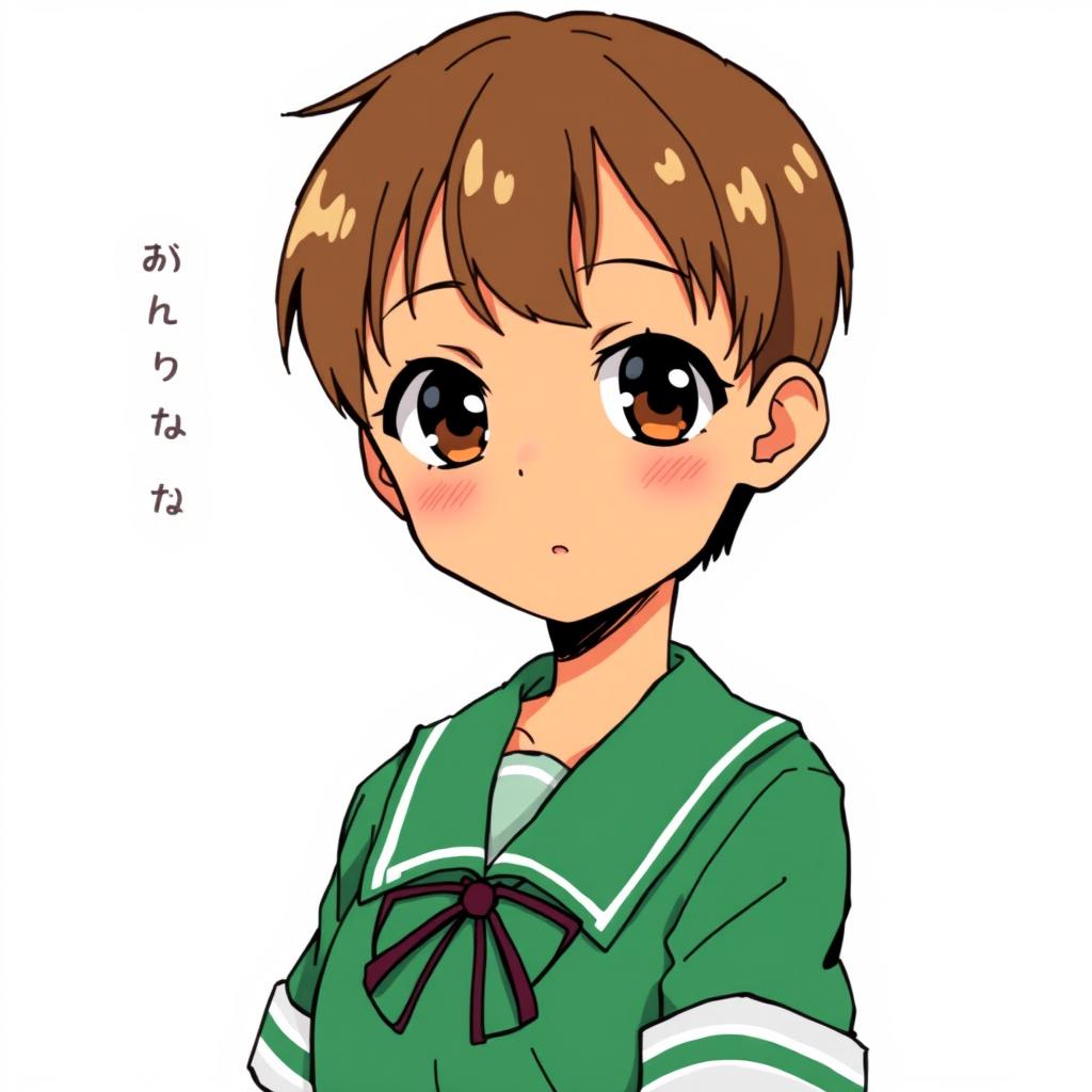A girl with short hair and brown eyes, dressed in a green school uniform