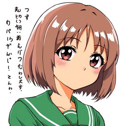 A girl with short hair and brown eyes, dressed in a green school uniform