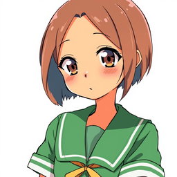 A girl with short hair and brown eyes, dressed in a green school uniform