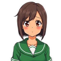 A girl with short hair and brown eyes, dressed in a green school uniform