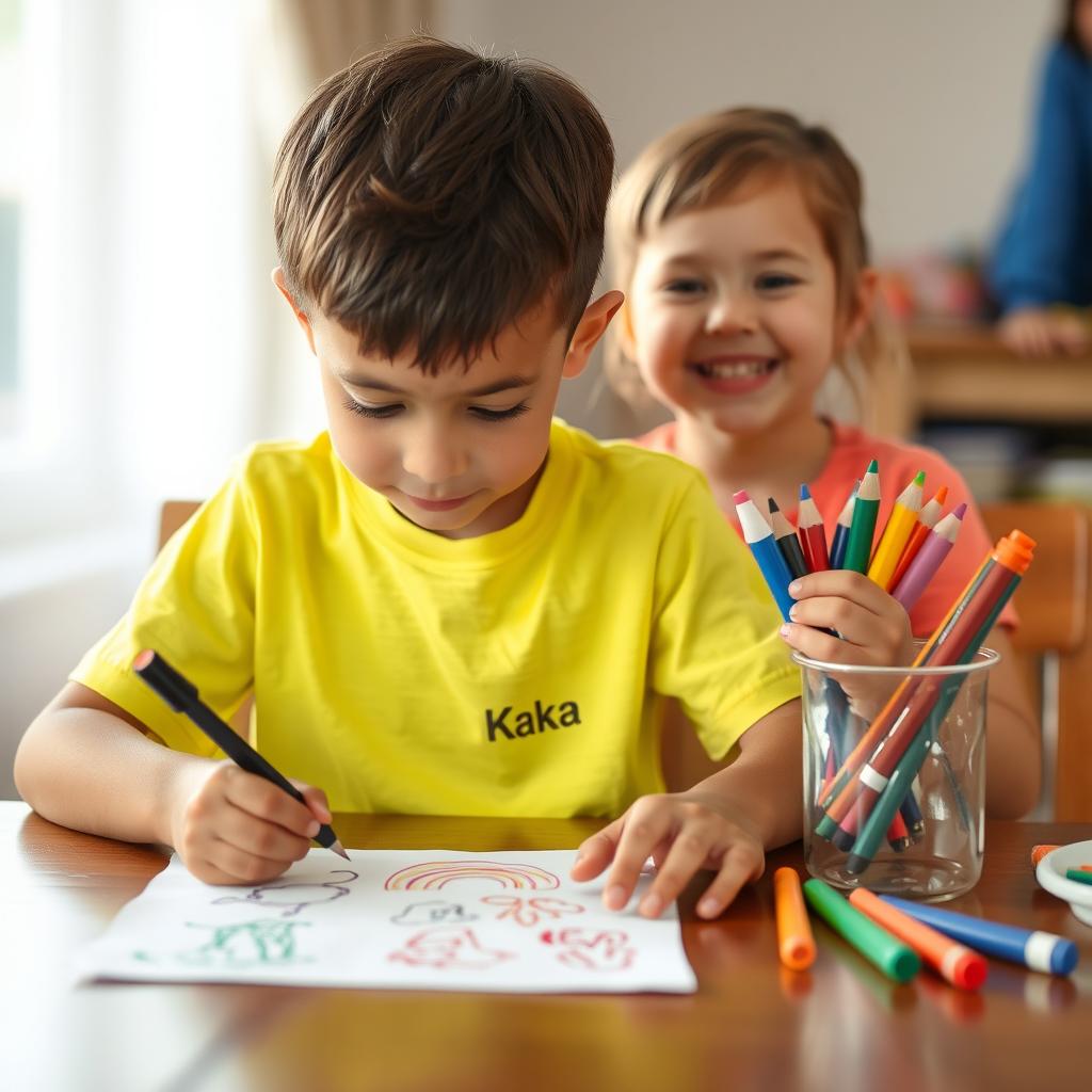 In the center of the image, there is a child named Kaka sitting at a table with a focus on drawing