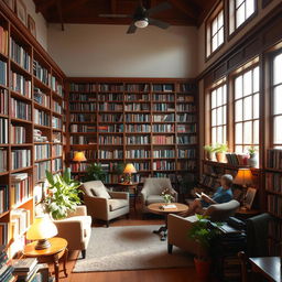 A cozy and inviting small library filled with wooden bookshelves overflowing with colorful books