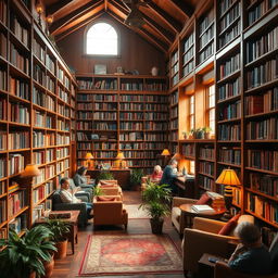 A cozy and inviting small library filled with wooden bookshelves overflowing with colorful books