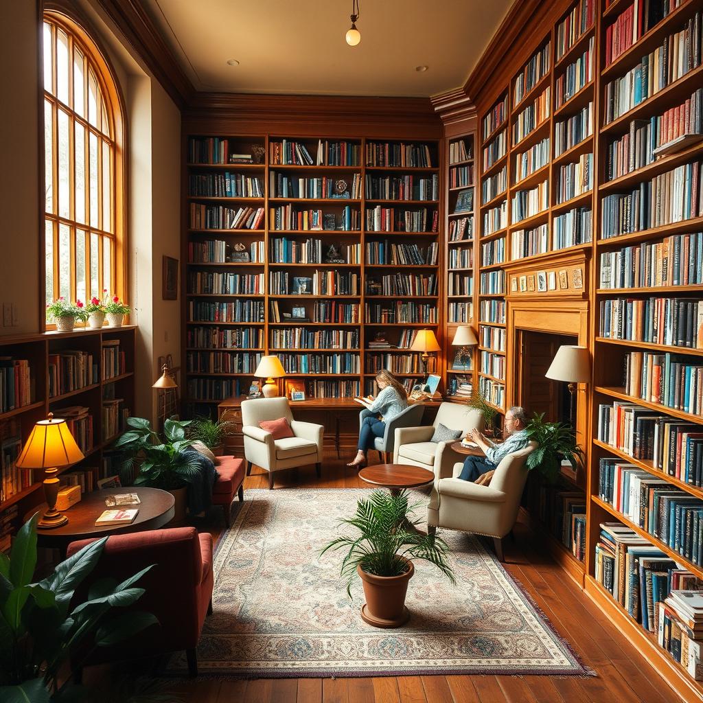 A cozy and inviting small library filled with wooden bookshelves overflowing with colorful books