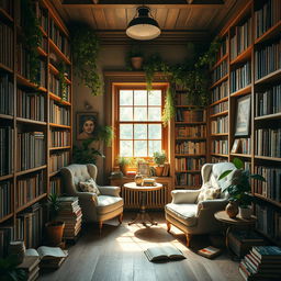 A charming small library filled with books of various sizes and colors, wooden shelves lined with literature, a cozy reading nook with a plush armchair and a small table by a window, warm sunlight streaming in, plants adorning the corners, a couple of decorative lamps casting a soft glow, books scattered around, an inviting atmosphere that encourages reading and relaxation