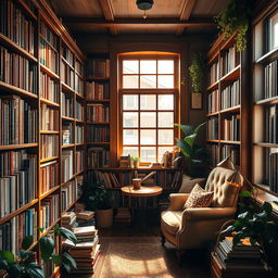 A charming small library filled with books of various sizes and colors, wooden shelves lined with literature, a cozy reading nook with a plush armchair and a small table by a window, warm sunlight streaming in, plants adorning the corners, a couple of decorative lamps casting a soft glow, books scattered around, an inviting atmosphere that encourages reading and relaxation