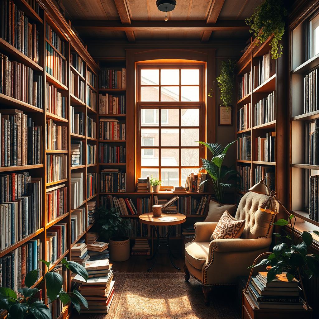A charming small library filled with books of various sizes and colors, wooden shelves lined with literature, a cozy reading nook with a plush armchair and a small table by a window, warm sunlight streaming in, plants adorning the corners, a couple of decorative lamps casting a soft glow, books scattered around, an inviting atmosphere that encourages reading and relaxation
