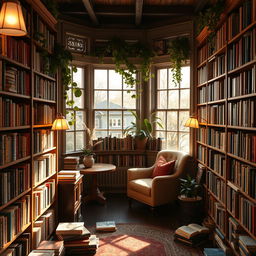 A charming small library filled with books of various sizes and colors, wooden shelves lined with literature, a cozy reading nook with a plush armchair and a small table by a window, warm sunlight streaming in, plants adorning the corners, a couple of decorative lamps casting a soft glow, books scattered around, an inviting atmosphere that encourages reading and relaxation