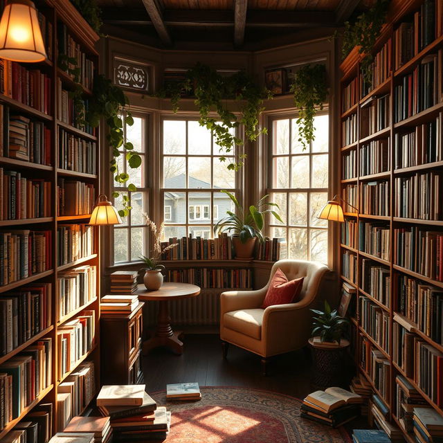 A charming small library filled with books of various sizes and colors, wooden shelves lined with literature, a cozy reading nook with a plush armchair and a small table by a window, warm sunlight streaming in, plants adorning the corners, a couple of decorative lamps casting a soft glow, books scattered around, an inviting atmosphere that encourages reading and relaxation