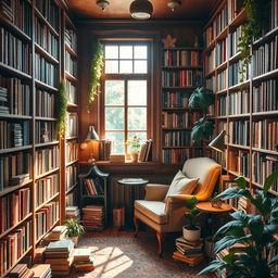 A charming small library filled with books of various sizes and colors, wooden shelves lined with literature, a cozy reading nook with a plush armchair and a small table by a window, warm sunlight streaming in, plants adorning the corners, a couple of decorative lamps casting a soft glow, books scattered around, an inviting atmosphere that encourages reading and relaxation