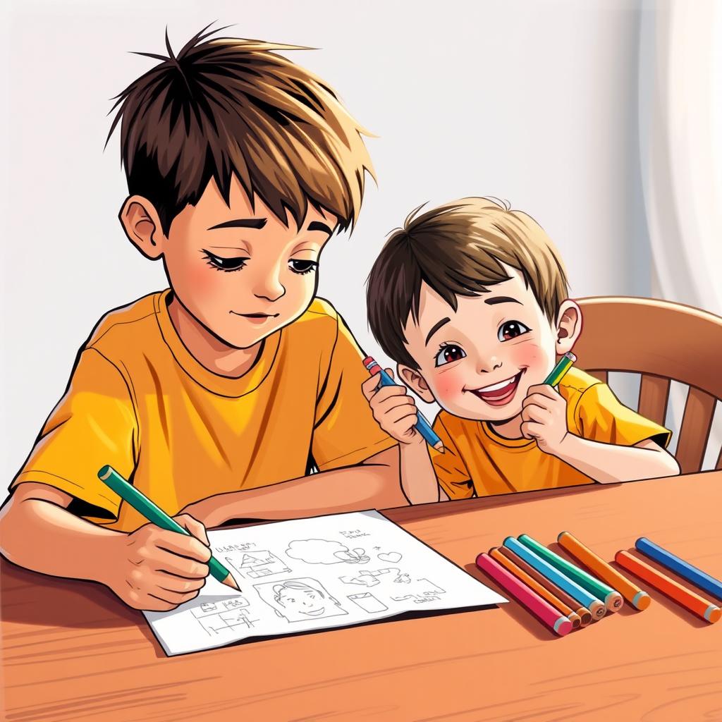 A scene featuring a boy named Kaka sitting at a table, deeply focused on drawing