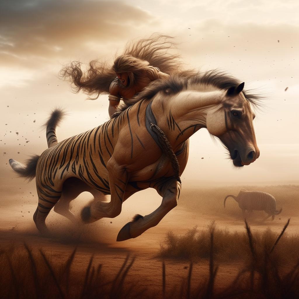 A majestic tiger and a gallant horse locked in an intense battle amidst a sprawling savannah