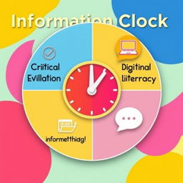 A visually appealing information clock designed to represent four key points: Critical Evaluation, Information Literacy, Digital Literacy, and Ethical Communication