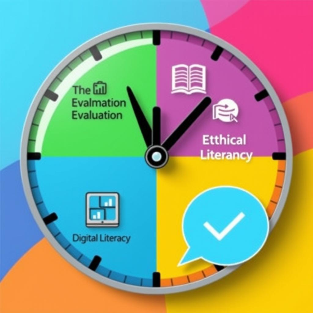 A visually appealing information clock designed to represent four key points: Critical Evaluation, Information Literacy, Digital Literacy, and Ethical Communication