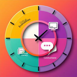 A visually appealing information clock designed to represent four key points: Critical Evaluation, Information Literacy, Digital Literacy, and Ethical Communication