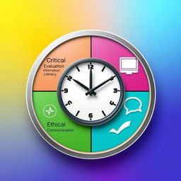 A visually appealing information clock designed to represent four key points: Critical Evaluation, Information Literacy, Digital Literacy, and Ethical Communication