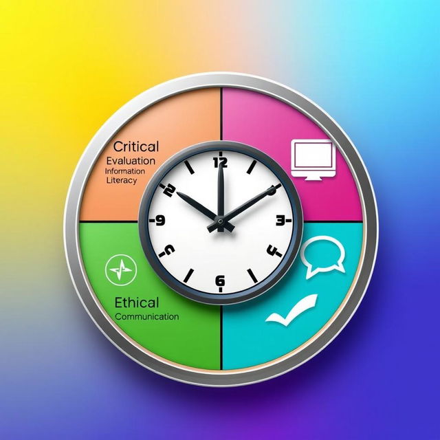 A visually appealing information clock designed to represent four key points: Critical Evaluation, Information Literacy, Digital Literacy, and Ethical Communication