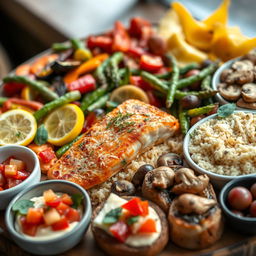 A stunning high-resolution image of a gourmet food platter featuring an array of colorful dishes