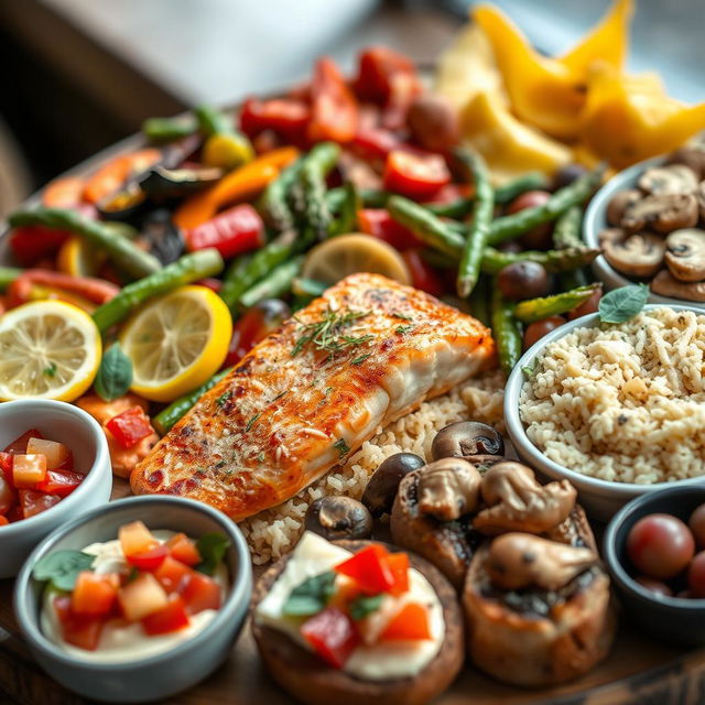 A stunning high-resolution image of a gourmet food platter featuring an array of colorful dishes