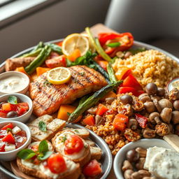 A stunning high-resolution image of a gourmet food platter featuring an array of colorful dishes