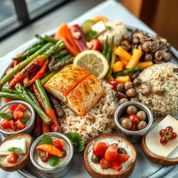 A stunning high-resolution image of a gourmet food platter featuring an array of colorful dishes