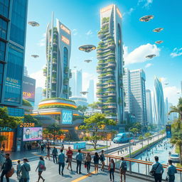 A futuristic cityscape set in the year 2025, featuring advanced architecture and technology, bright neon lights illuminating the streets, flying cars soaring through the sky, lush green parks integrated within skyscrapers, and people engaging in everyday activities