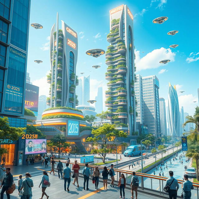 A futuristic cityscape set in the year 2025, featuring advanced architecture and technology, bright neon lights illuminating the streets, flying cars soaring through the sky, lush green parks integrated within skyscrapers, and people engaging in everyday activities