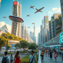 A futuristic cityscape set in the year 2025, featuring advanced architecture and technology, bright neon lights illuminating the streets, flying cars soaring through the sky, lush green parks integrated within skyscrapers, and people engaging in everyday activities