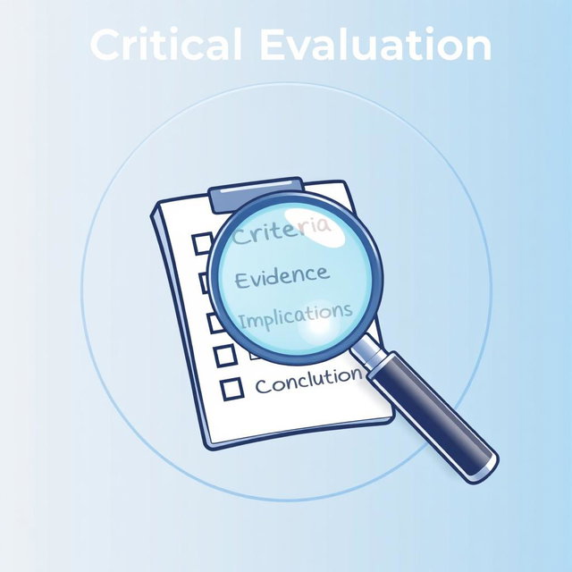 A detailed representation of a critical evaluation symbol, featuring a magnifying glass hovering over a checklist with detailed markings indicating analysis and review
