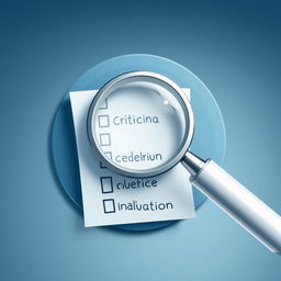 A detailed representation of a critical evaluation symbol, featuring a magnifying glass hovering over a checklist with detailed markings indicating analysis and review