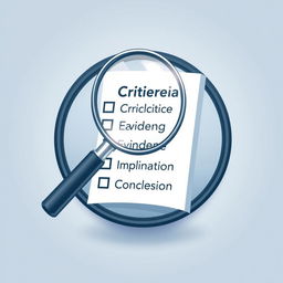 A detailed representation of a critical evaluation symbol, featuring a magnifying glass hovering over a checklist with detailed markings indicating analysis and review