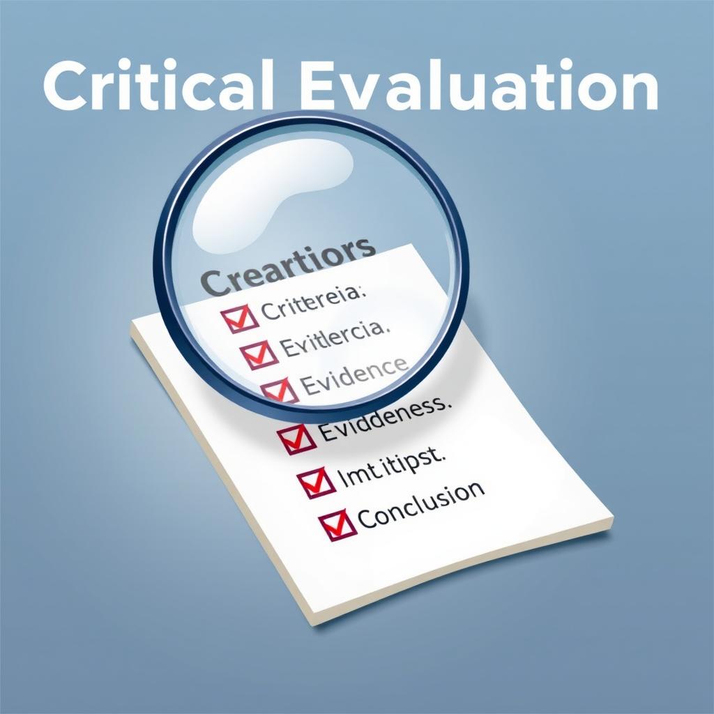 A detailed representation of a critical evaluation symbol, featuring a magnifying glass hovering over a checklist with detailed markings indicating analysis and review