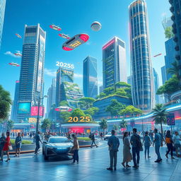 A futuristic cityscape set in the year 2025, featuring advanced architecture and technology, bright neon lights illuminating the streets, flying cars soaring through the sky, lush green parks integrated within skyscrapers, and people engaging in everyday activities