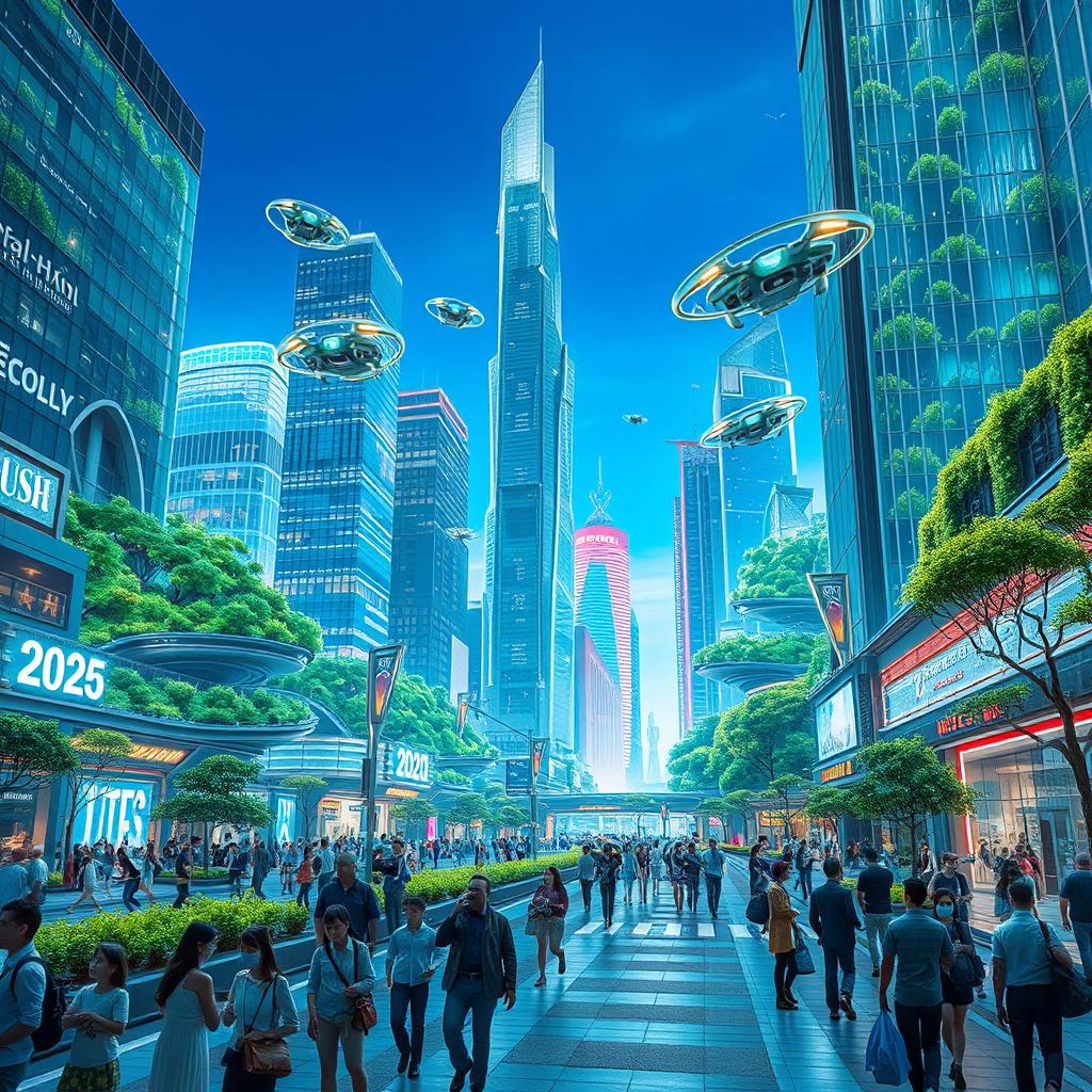 A futuristic cityscape set in the year 2025, featuring advanced architecture and technology, bright neon lights illuminating the streets, flying cars soaring through the sky, lush green parks integrated within skyscrapers, and people engaging in everyday activities