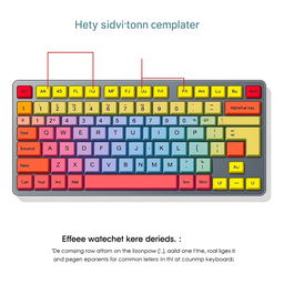 A detailed illustration of a computer keyboard on an A4 sheet of paper, showcasing clearly labeled sections such as alphanumeric keys, function keys, and special keys