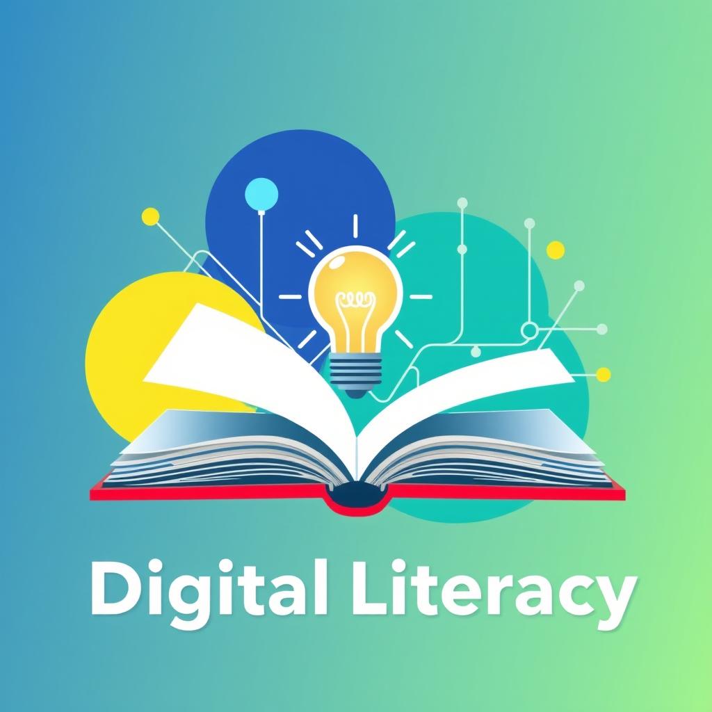 A creative interpretation of a digital literacy symbol, featuring an open book combined with a laptop and a glowing light bulb