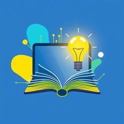 A creative interpretation of a digital literacy symbol, featuring an open book combined with a laptop and a glowing light bulb