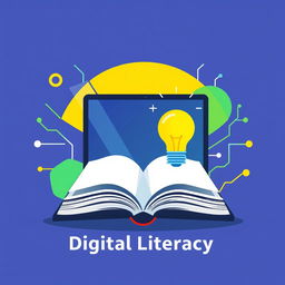 A creative interpretation of a digital literacy symbol, featuring an open book combined with a laptop and a glowing light bulb