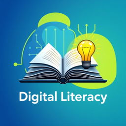 A creative interpretation of a digital literacy symbol, featuring an open book combined with a laptop and a glowing light bulb