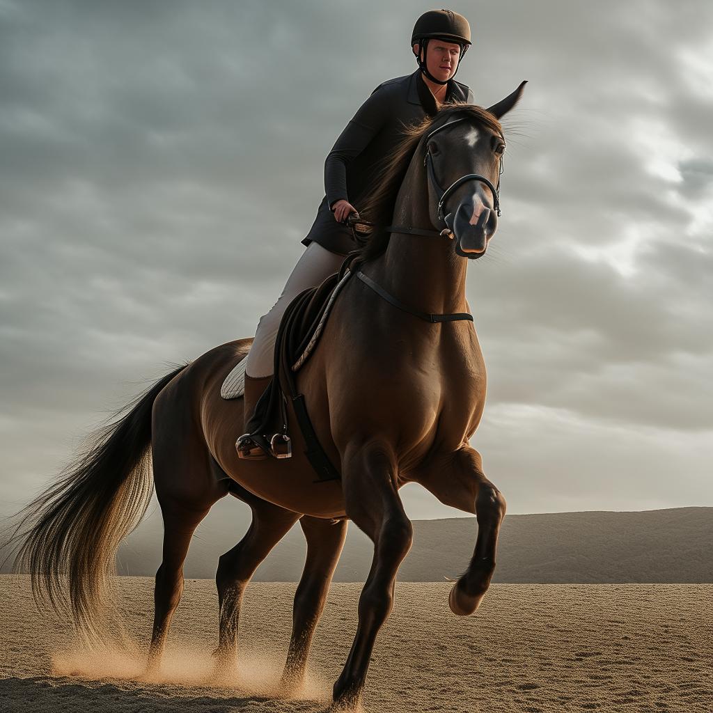 A detailed image of a person riding a beautiful horse, their posture filled with confidence