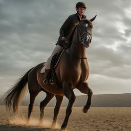 A detailed image of a person riding a beautiful horse, their posture filled with confidence