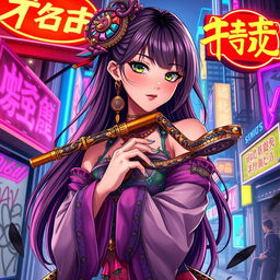 A beautiful anime lady character depicted as a snake charmer, adorned in vibrant and intricate clothing with embellishments